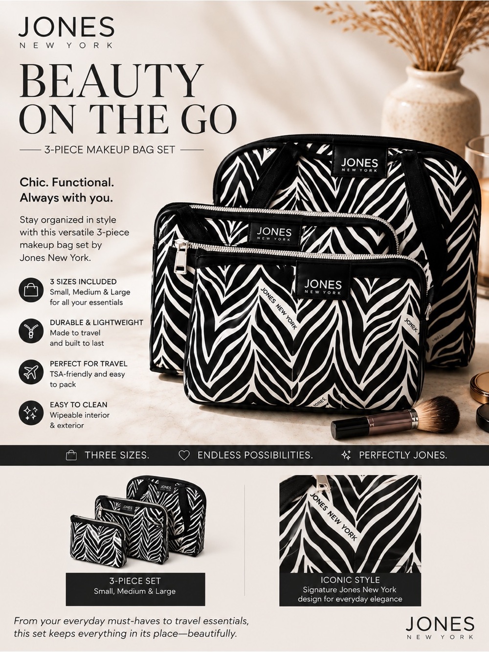Jones New York Black and White Zebra-Print 3-Piece Cosmetic Bag Set